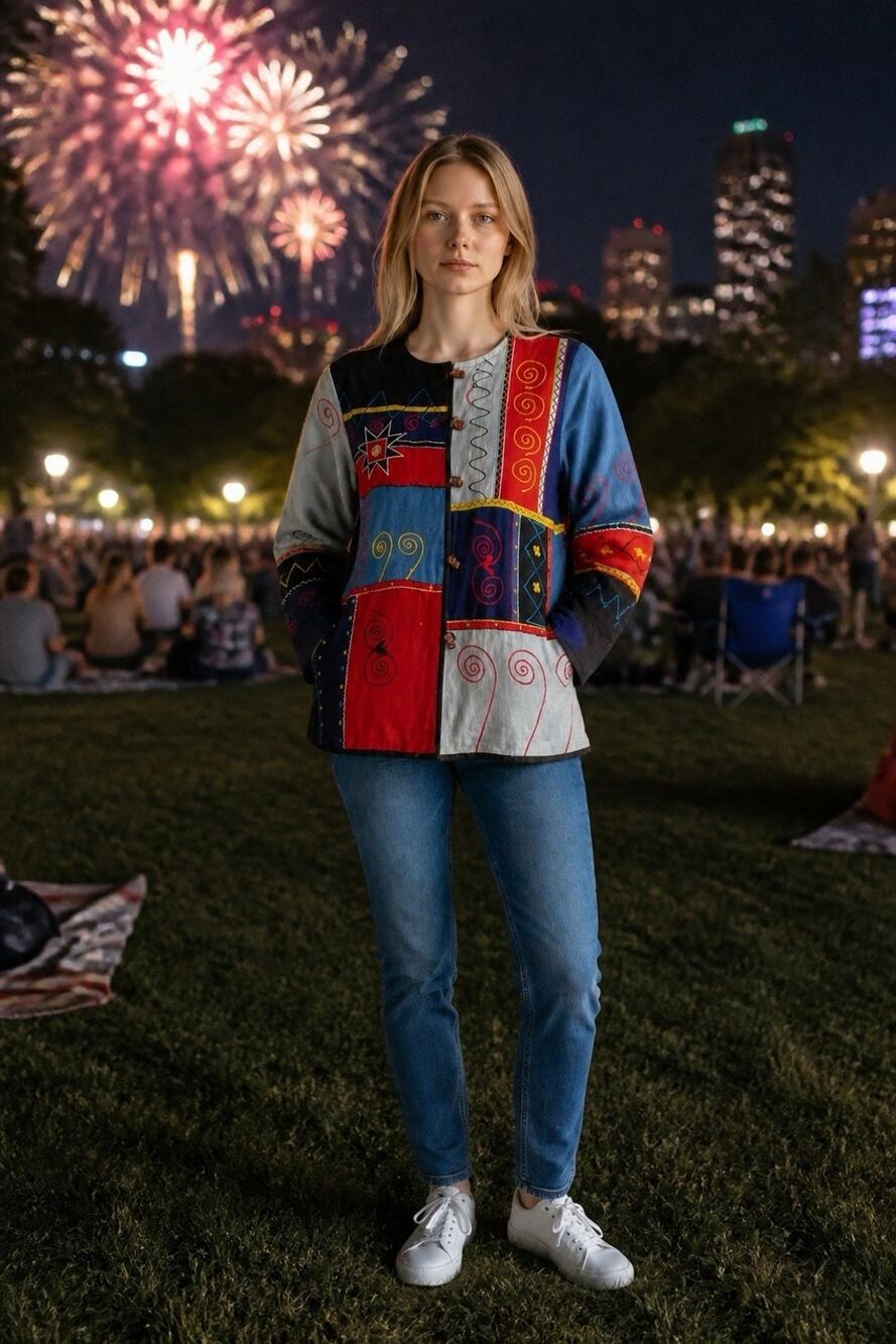VTG Indigo Moon Med Red White Blue Color Block Patchwork Wearable Art Jacket